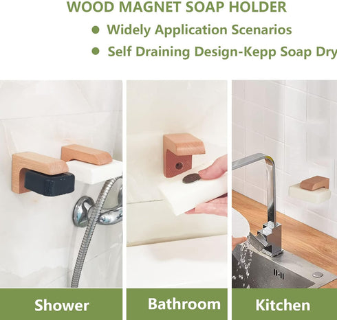 (2sets) Wood Magnetic Bar Soap Holder for Shower Wall,Magnet Air Dry Soap Saver Self Draining, Eco-Friendly Wooden Soap Dish for Soaps & Beard Sha...
